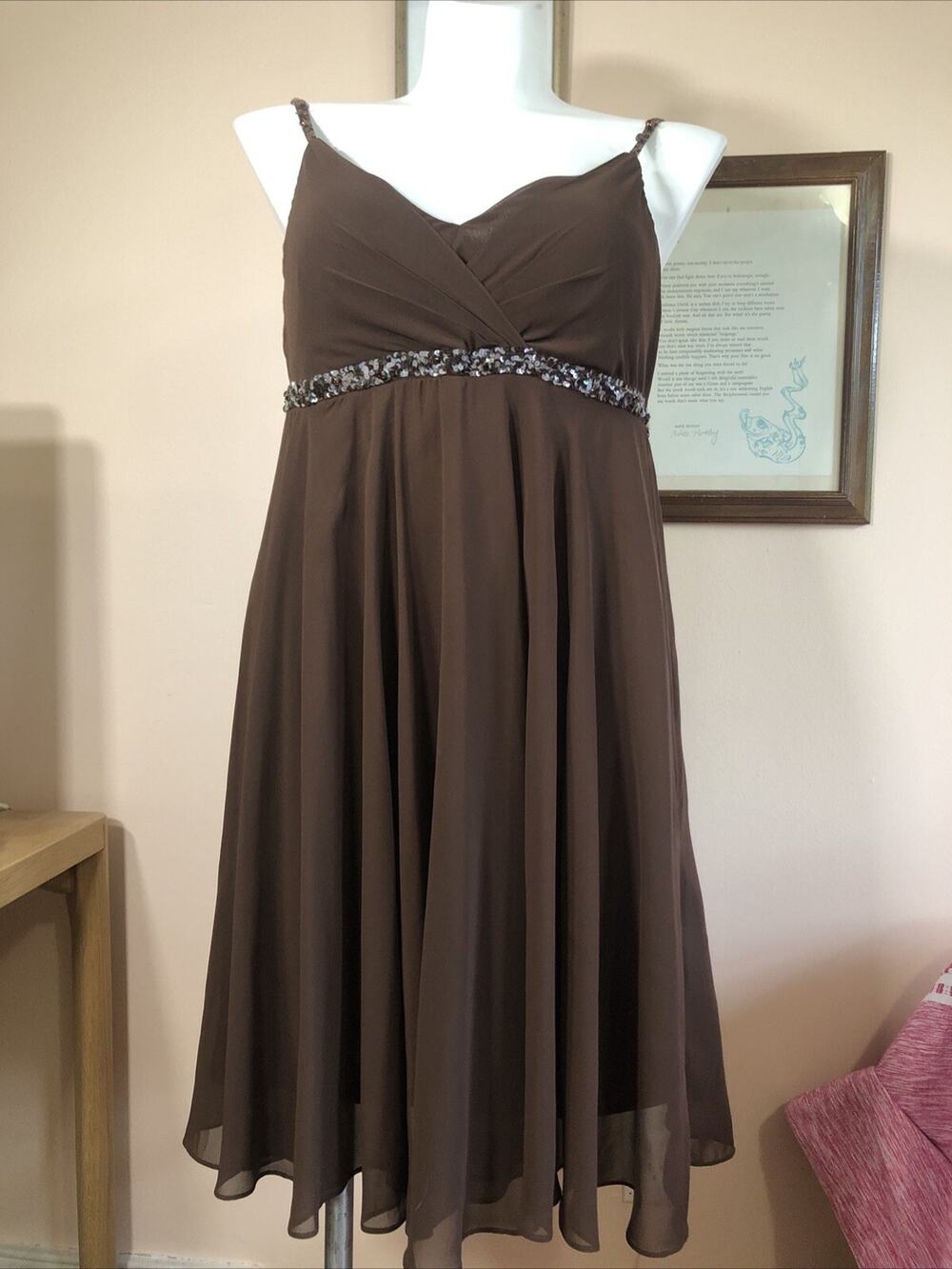Eva Blue cocktail dress sleeveless brown size 16 Zipper v neck sequins